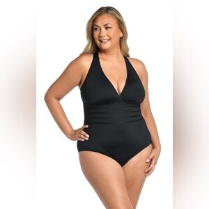 La Blanca Women's Plus Size Island Goddess Black V Neck One Piece Swimsuit 16